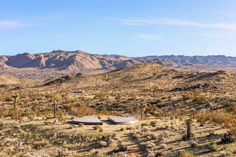 Bohemian desert wedding inspiration — Wellness-Focused Joshua Tree Escape; Cold Plunge, Yoga/Event Deck, Pool in Yucca Valley, California. Yucca Valley desert house wedding venue with outdoor…